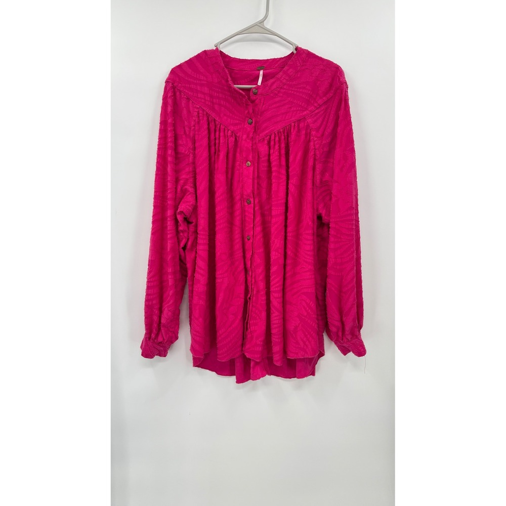 Free People L Button Down Blouse Womens Magenta Pink Zebra Jacquard Boho Relaxed